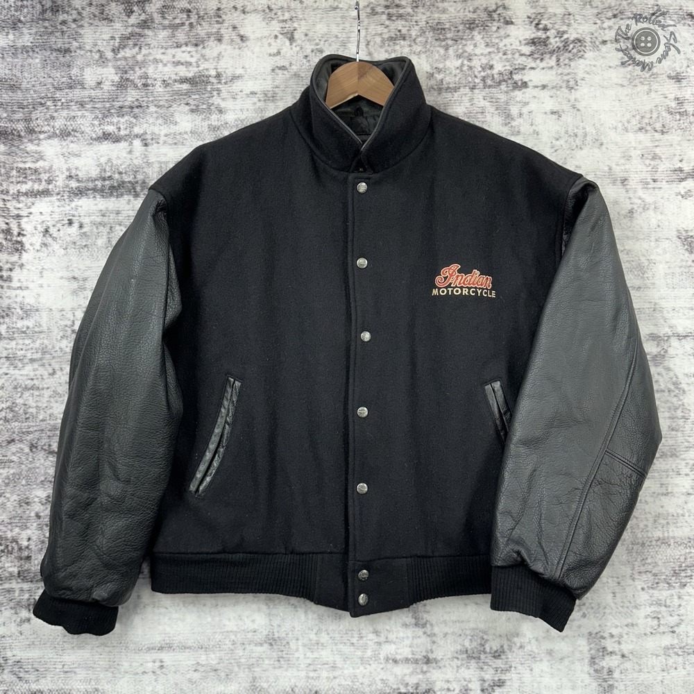 Vintage Indian Motorcycle Varsity Jacket Black Leather Sleeves XL Made in Canada